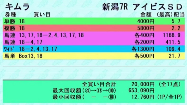 キムラヨウヘイさんの「アイビスサマーダッシュGⅢ」の買い目