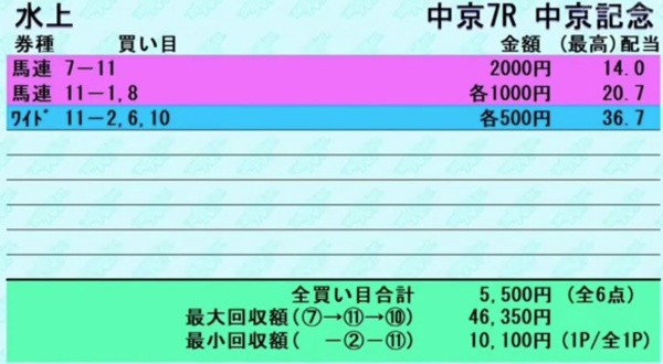 水上学さんの「中京記念GⅢ」の買い目